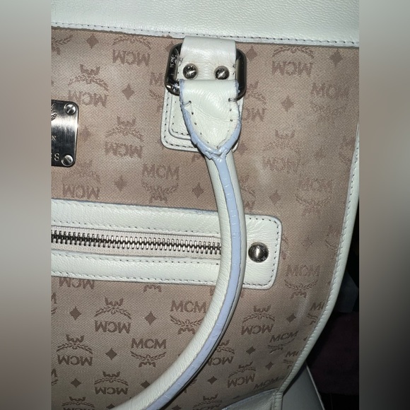 MCM Work Laptop Tote Bag Khaki Canvas MCM Visetos Logo Cream /Gray Leather Trim - Picture 8 of 13